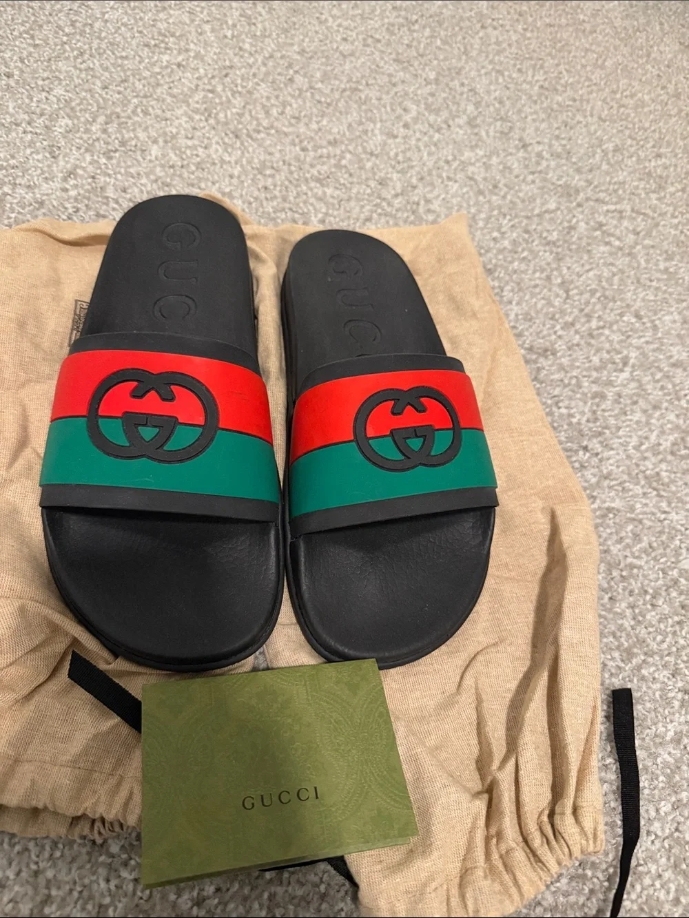 Gucci Black Slides with Red and Green Web Stripe